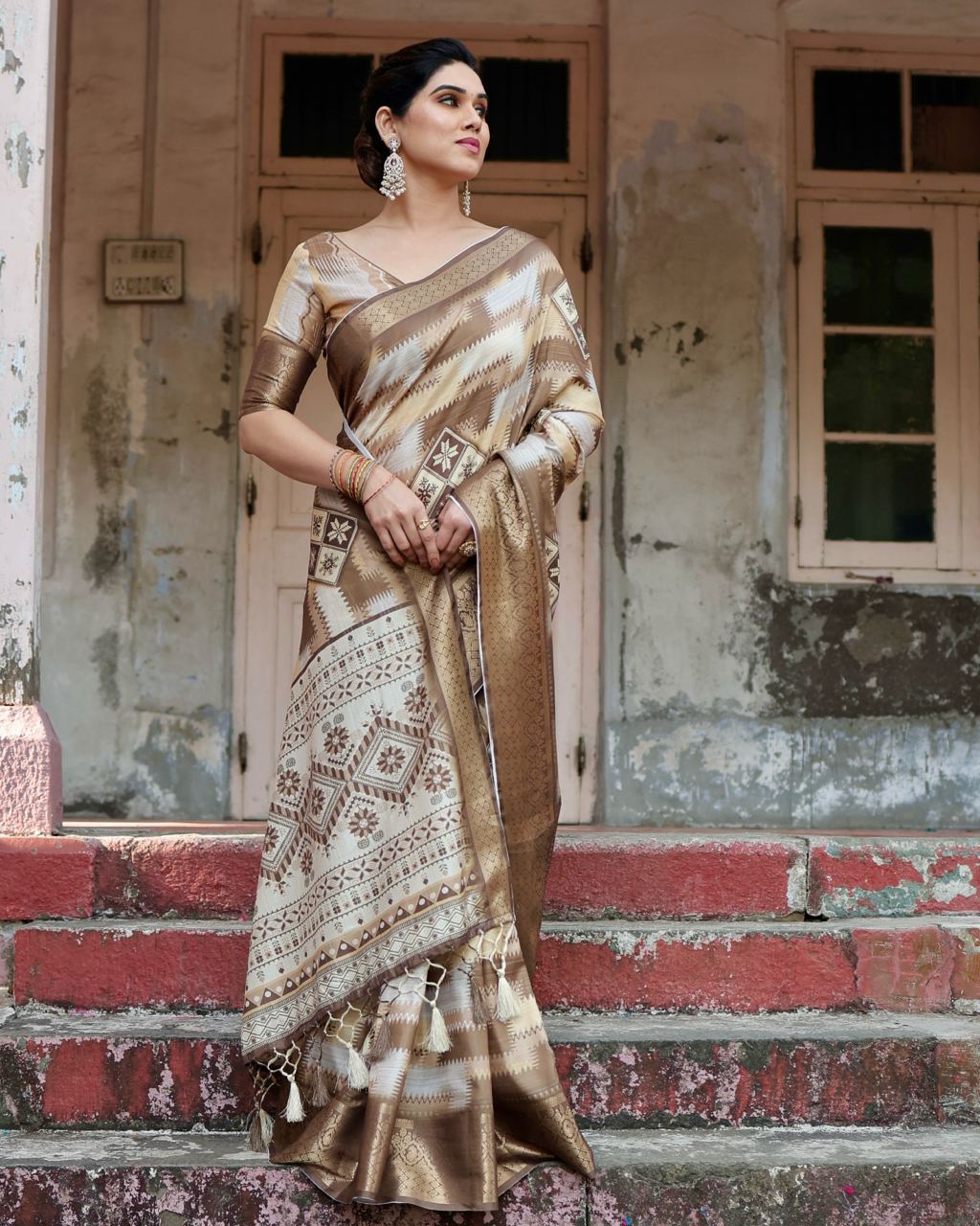 Coffee Digital Print Dolla Silk Party Wear Ethnic Saree With Blouse