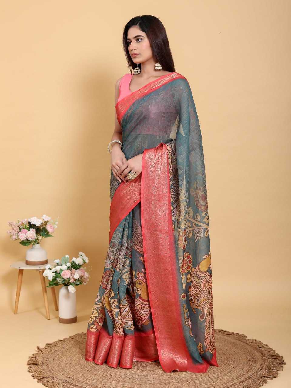 Jacquard Patta Linen Cotton Saree with Peacock & Floral Kalamkari Design and Coral-Red Border