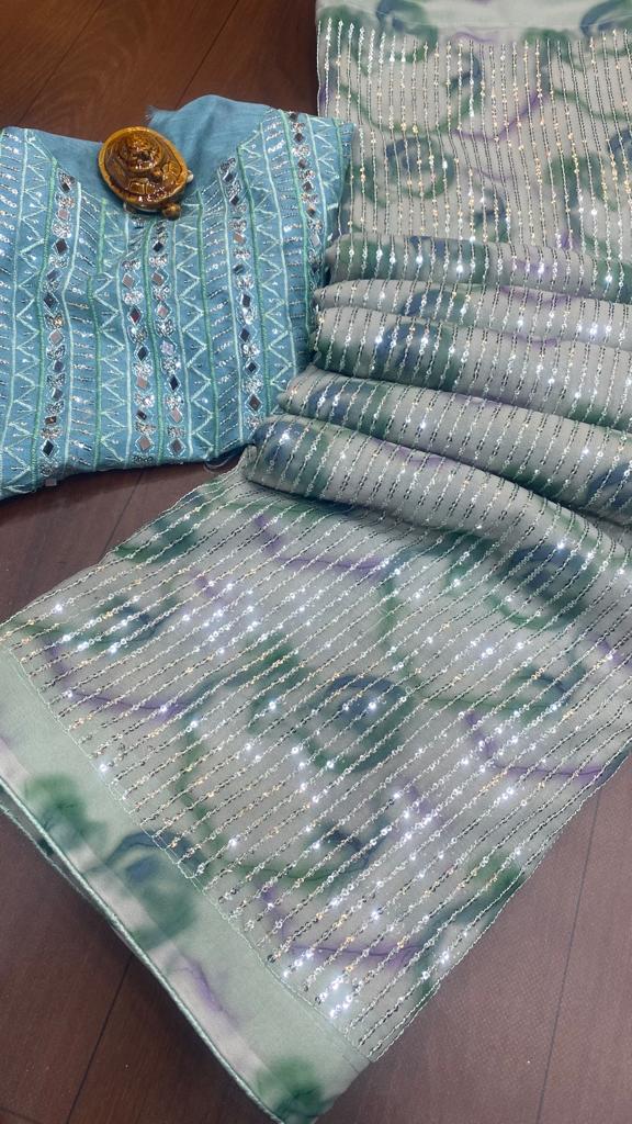 Multi Color Georgette Sequence Saree With Real Mirror Design Work Saree Party Wear Saree Best Quality Bollywood Saree Amazing Beauty Saree
