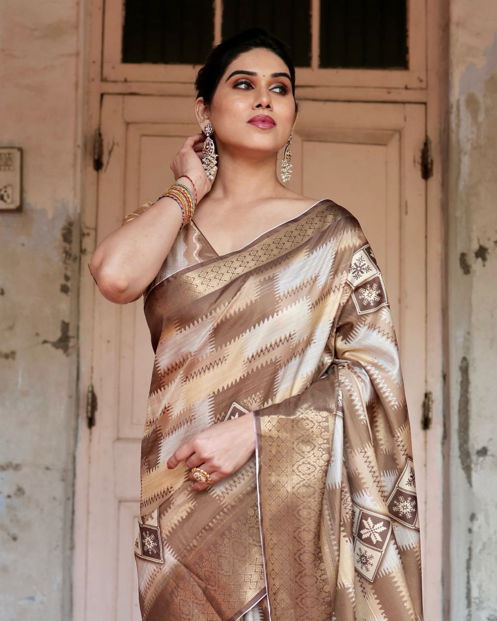 Coffee Digital Print Dolla Silk Party Wear Ethnic Saree With Blouse
