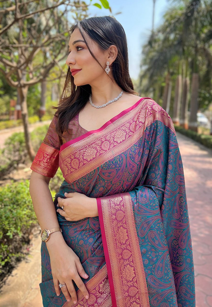 Zari Woven Soft Kashmiri Silk Saree Set