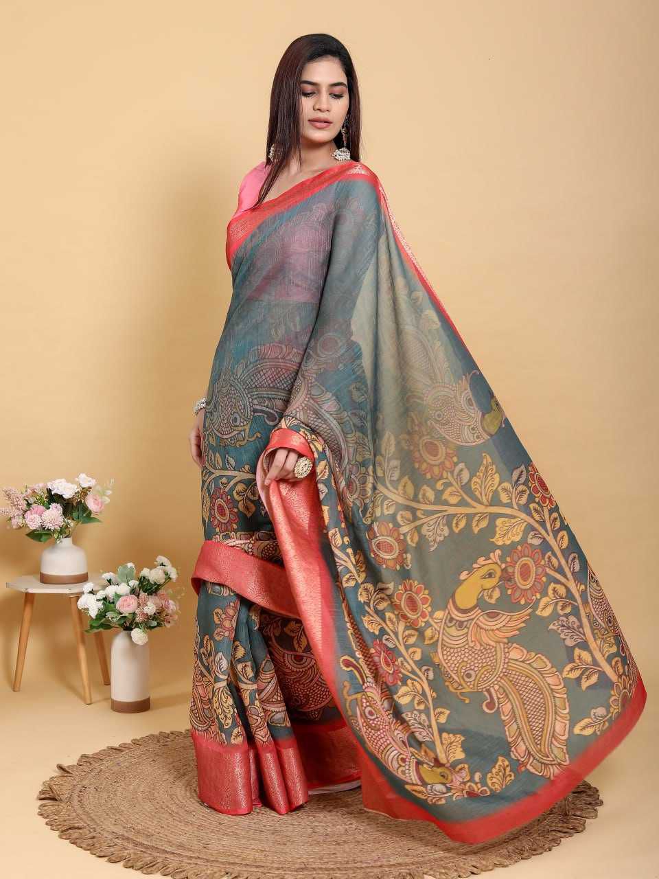 Jacquard Patta Linen Cotton Saree with Peacock & Floral Kalamkari Design and Coral-Red Border
