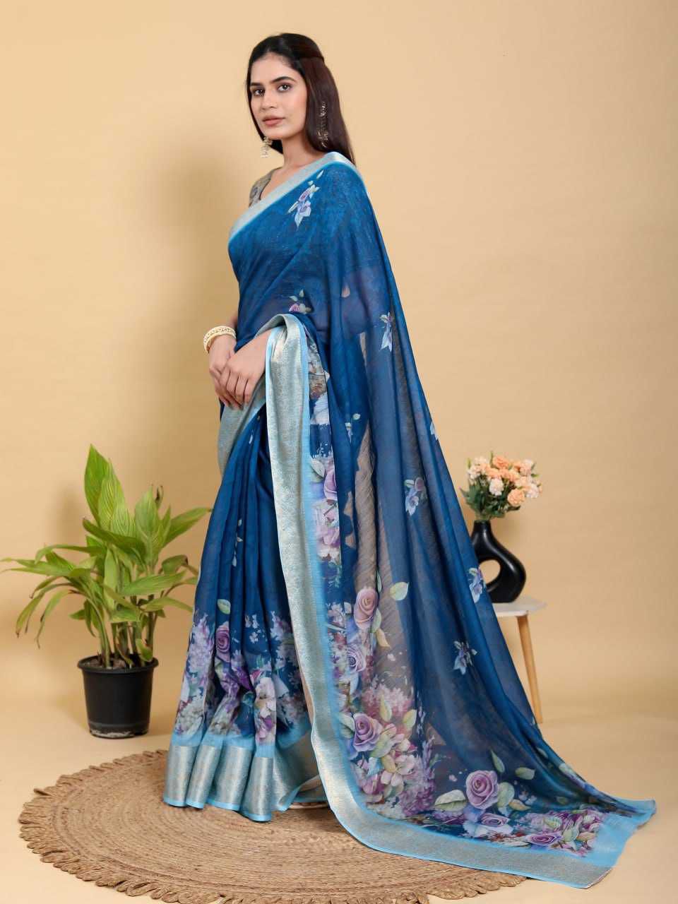 Floral Digital Print Jacquard Patta Linen Cotton Saree with Designer Blouse