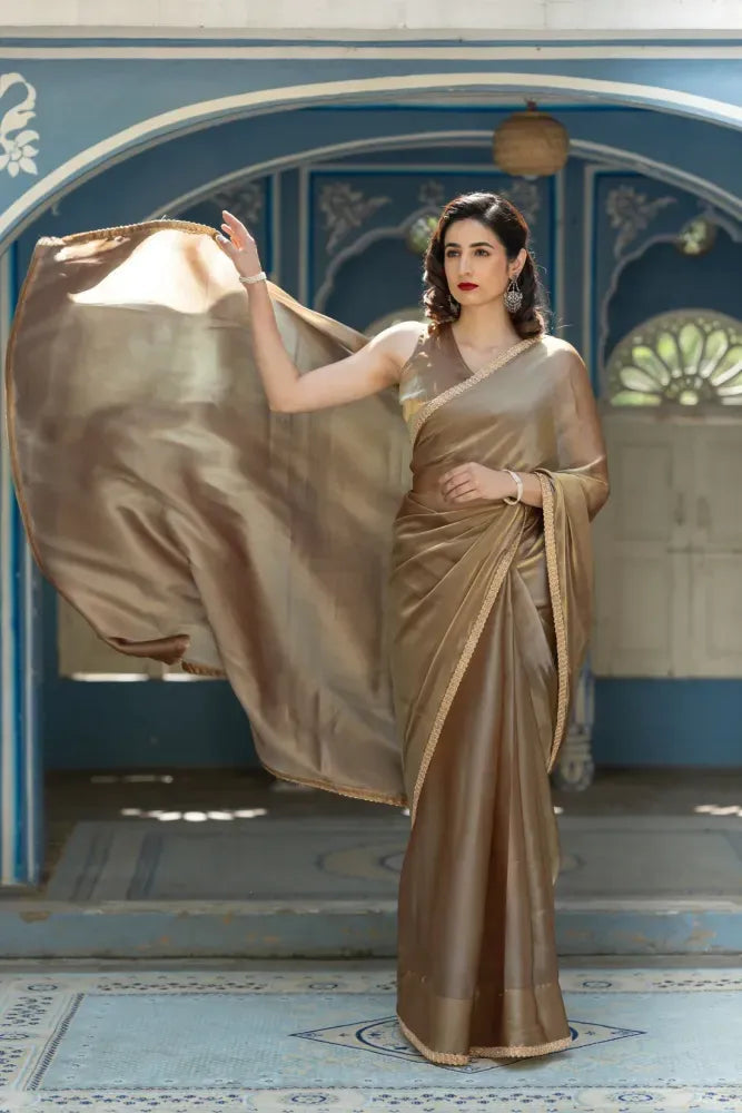 Coffee Saree in Pure Jimmy Silk With Lace Border Party Wear Saree in Coffee