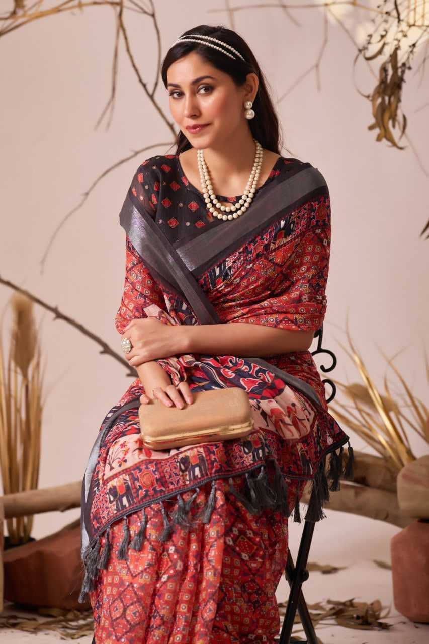 Premium Linen Cotton Saree with Digital Floral & Ethnic Print and Patola Style Contrast Border
