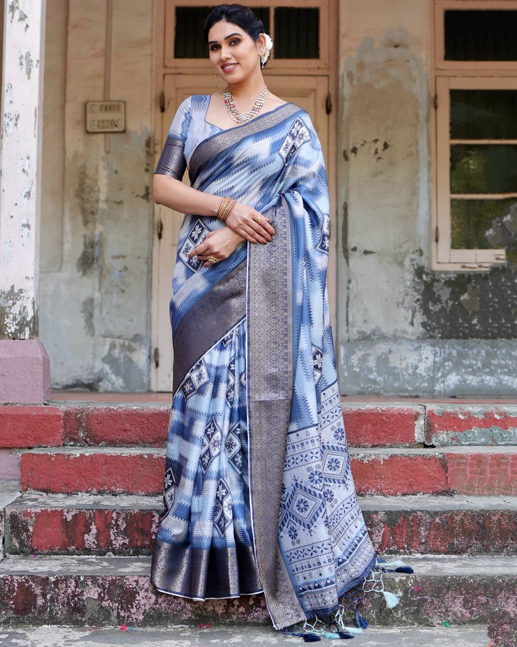 Blue White Digital Print Dolla Silk Party Wear Ethnic Saree With Blouse