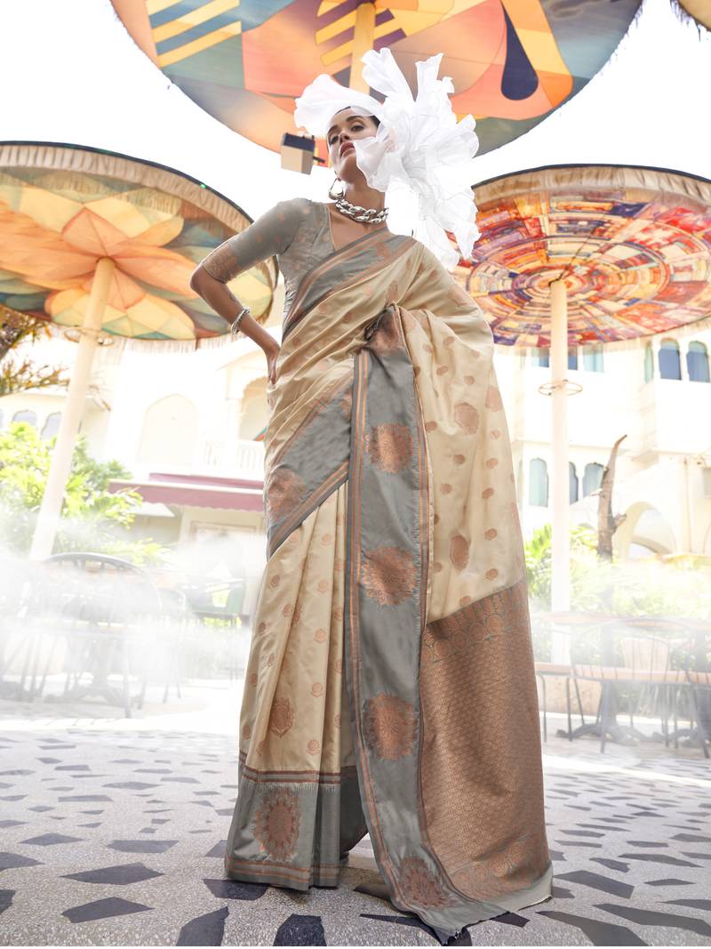 Pure Katan Banarsi Weaving Silk Blend Saree (Beige)