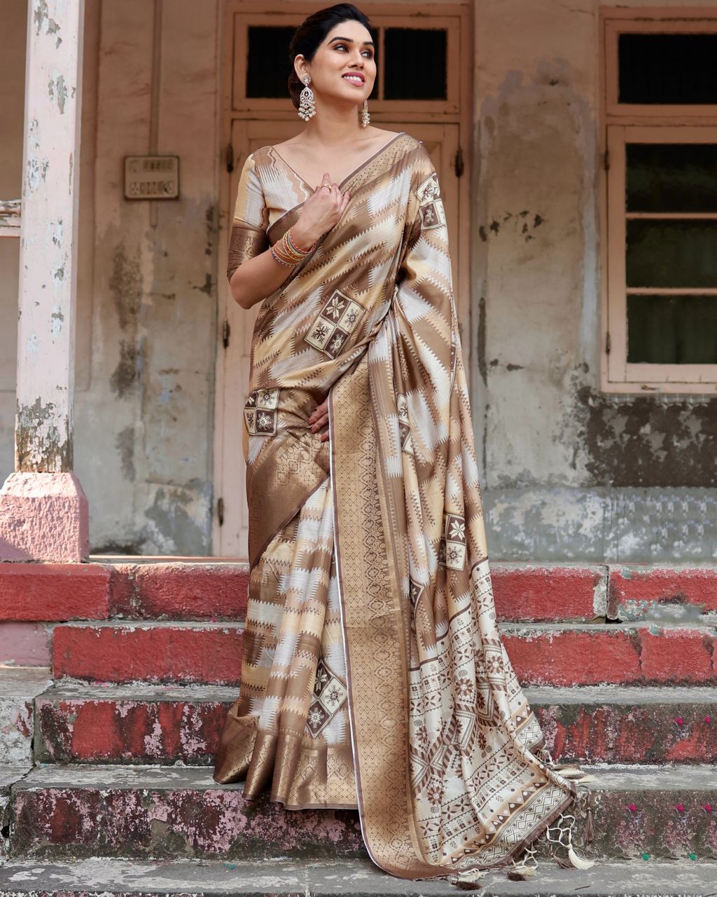 Coffee Digital Print Dolla Silk Party Wear Ethnic Saree With Blouse