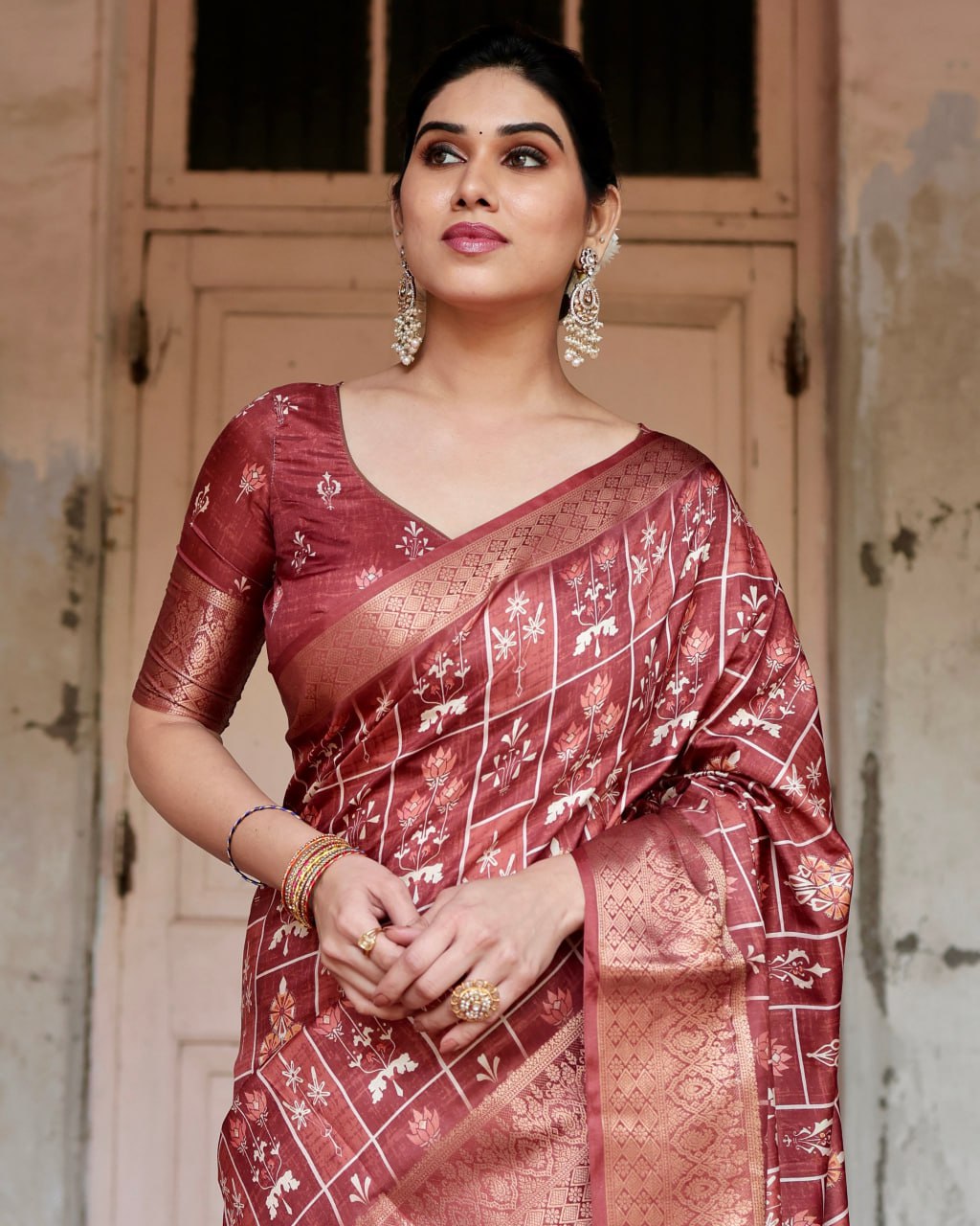 Marron Color Pure Silk Digital Printed Party Wear Saree