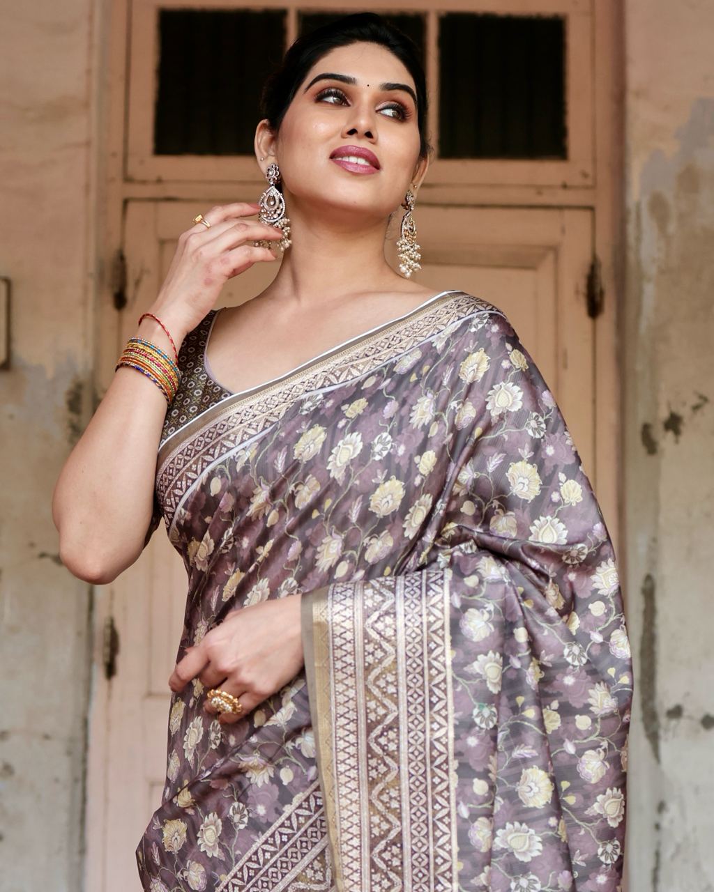 Mauve Taupe Pure Silk Digital Printed Saree