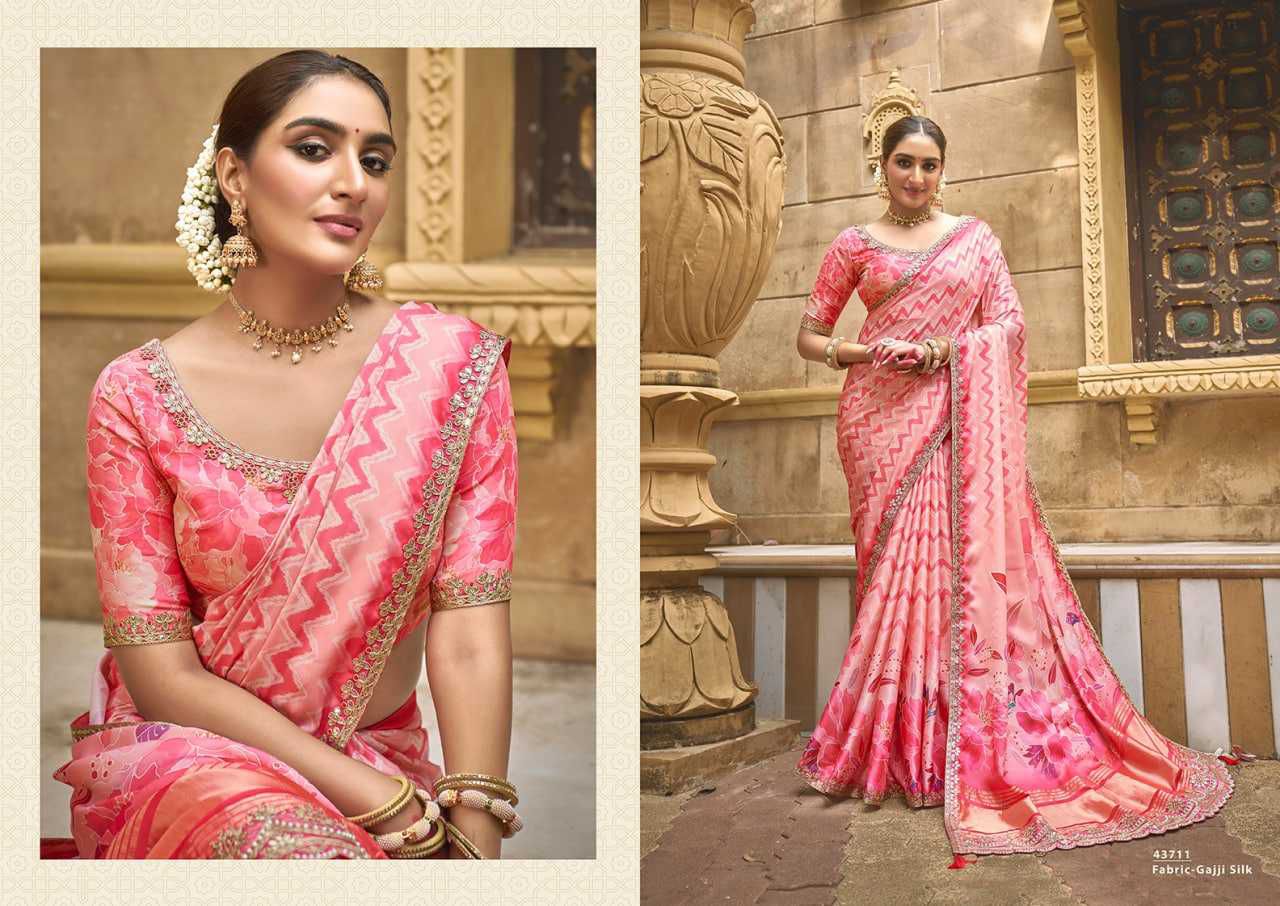Exquisite Gajji Silk Floral Print Saree with Handwork & Stone Border