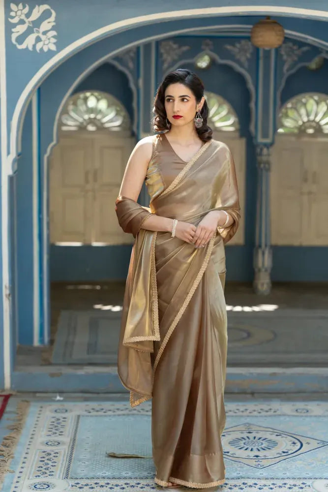 Coffee Saree in Pure Jimmy Silk With Lace Border Party Wear Saree in Coffee
