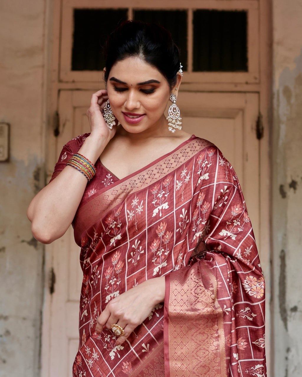 Marron Color Pure Silk Digital Printed Party Wear Saree