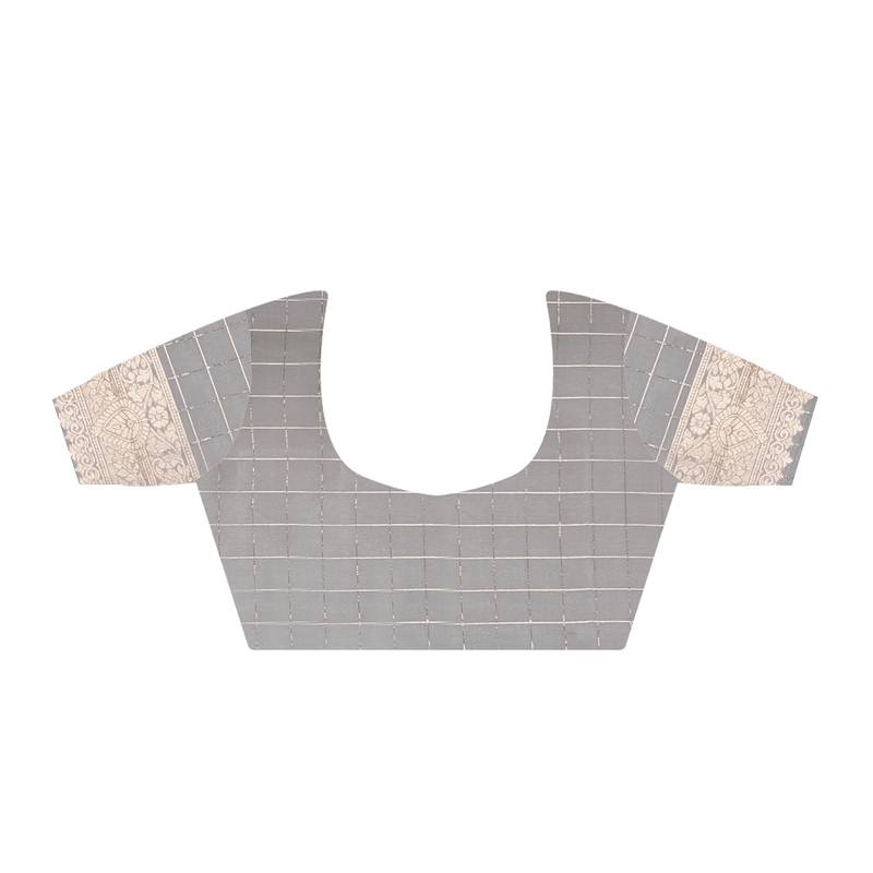 Pure Katan Silk Checks Handloom Weaving Saree (Grey)