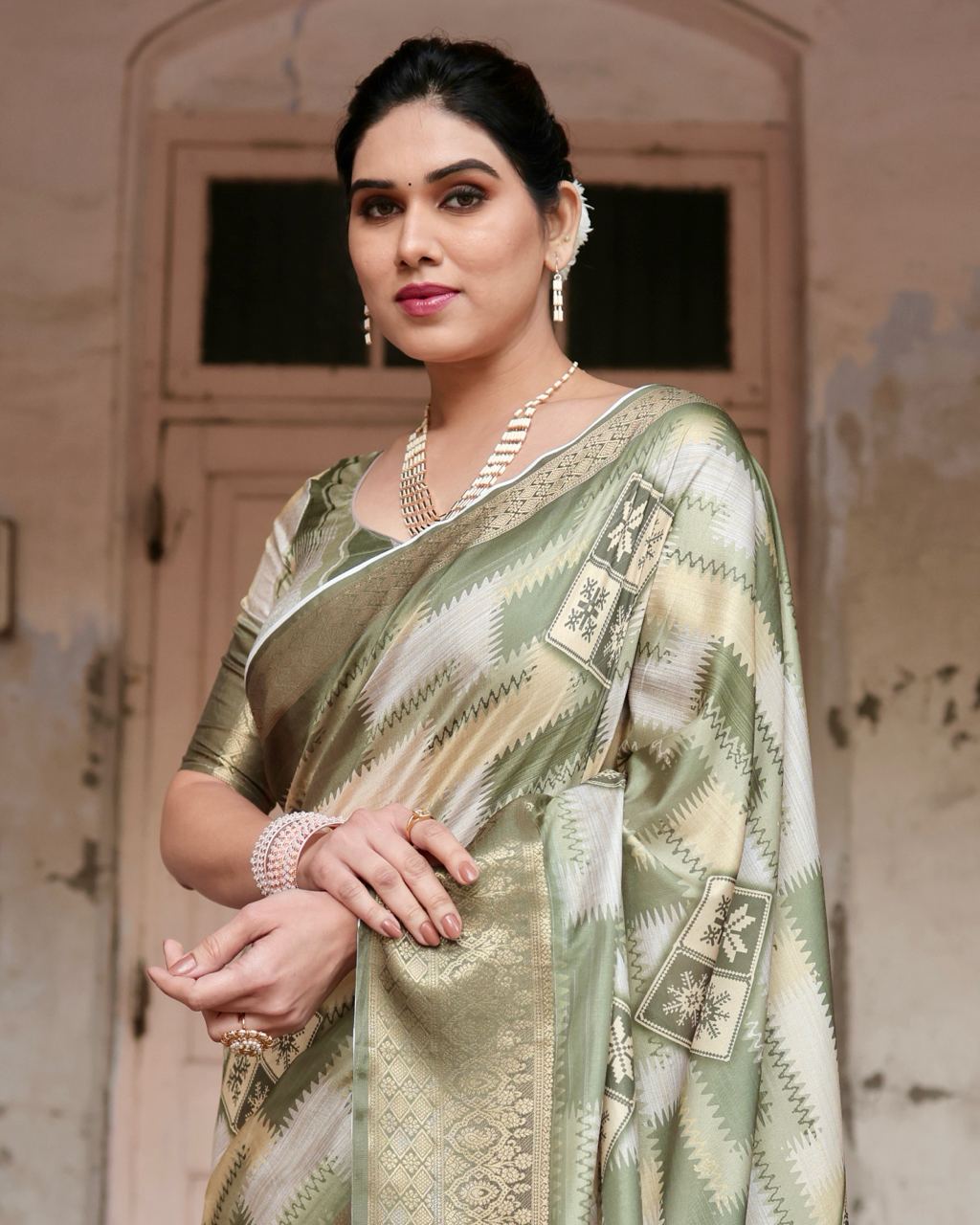 Green Digital Print Dolla Silk Party Wear Ethnic Saree With Blouse