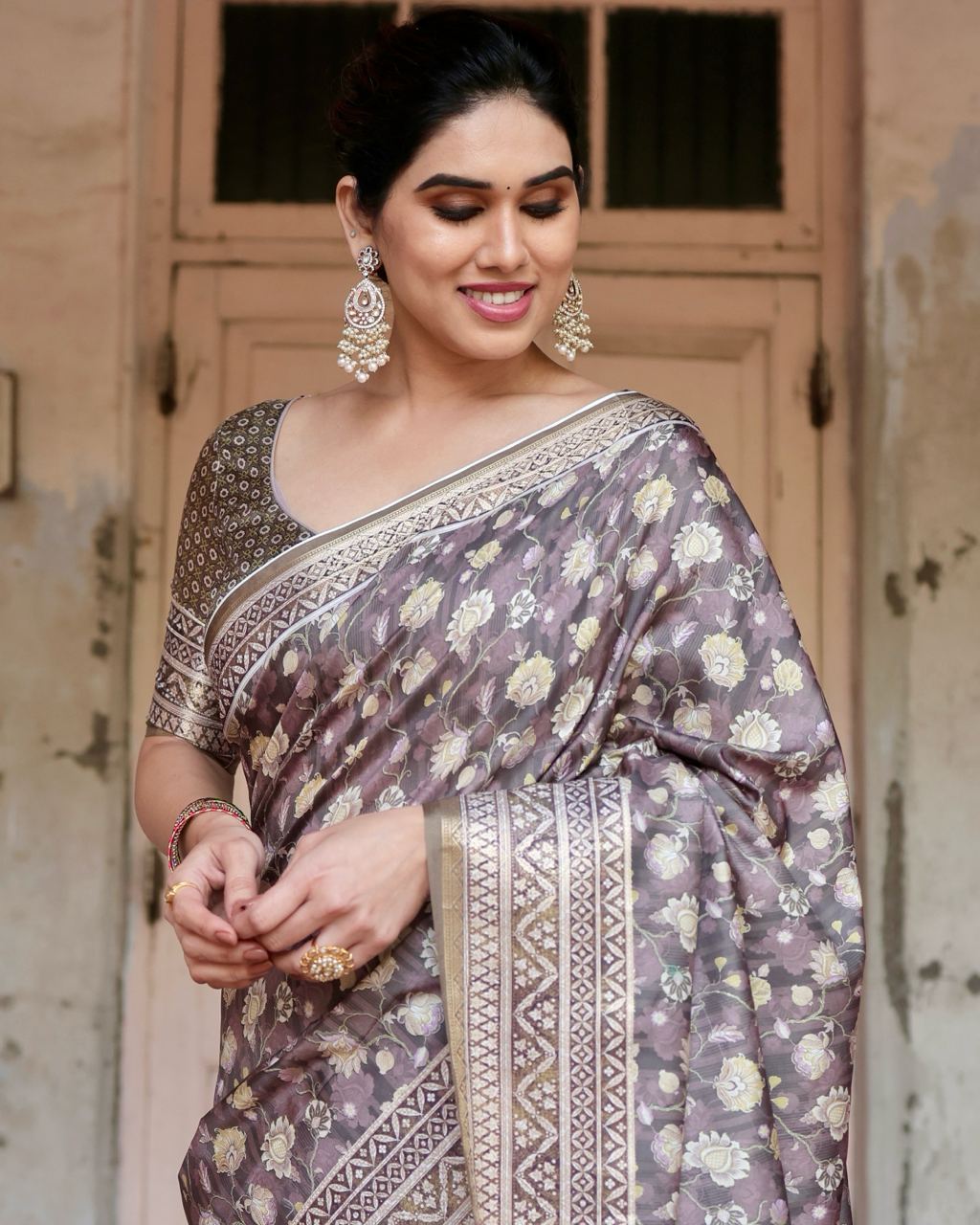 Mauve Taupe Pure Silk Digital Printed Saree