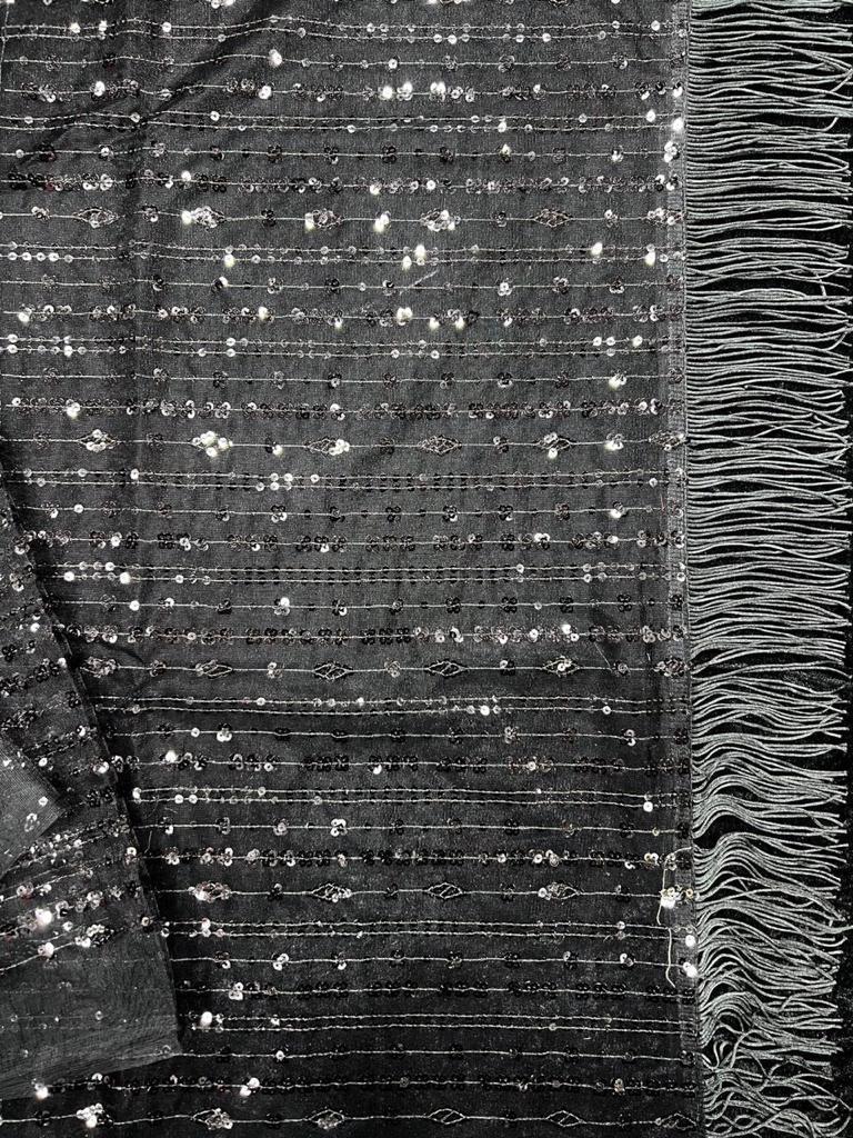 Black Color Glorious Premium Nylon Mono Net With 5 MM Sequence Work nd Tassels Saree For Women