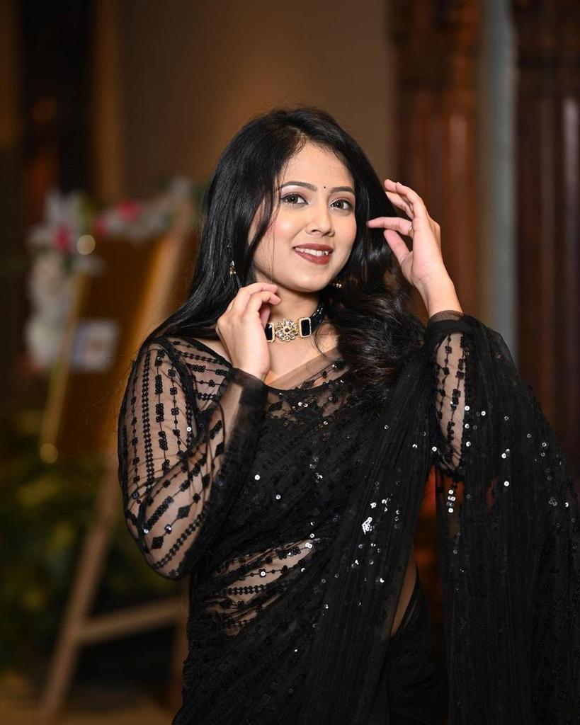 Black Color Glorious Premium Nylon Mono Net With 5 MM Sequence Work nd Tassels Saree For Women