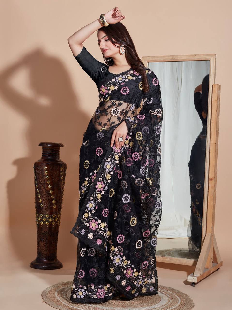 Butterfly Soft Net fabric with Embroider work and Multi work cut border Saree