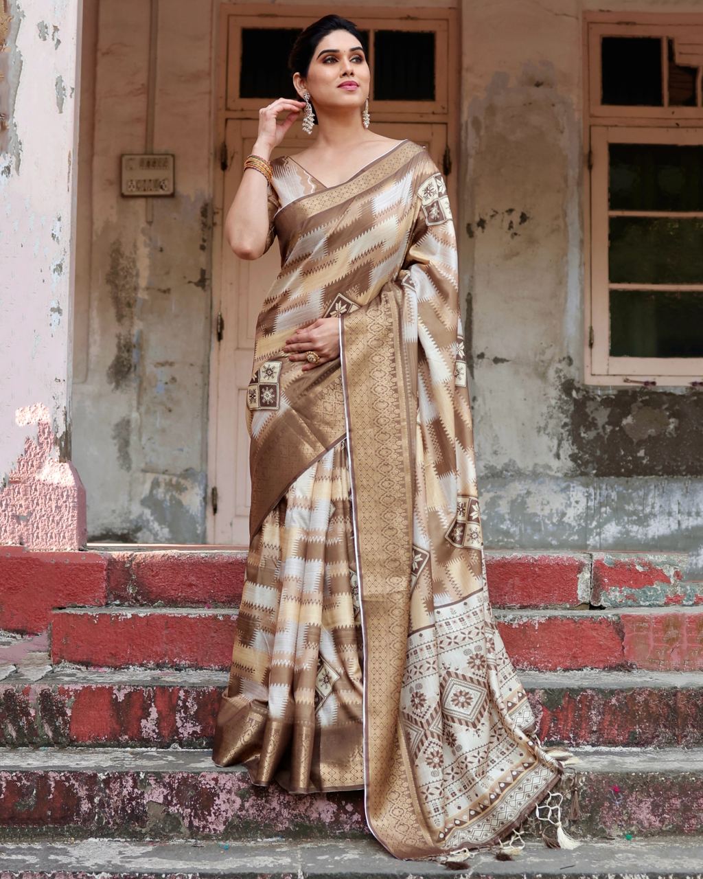 Coffee Digital Print Dolla Silk Party Wear Ethnic Saree With Blouse