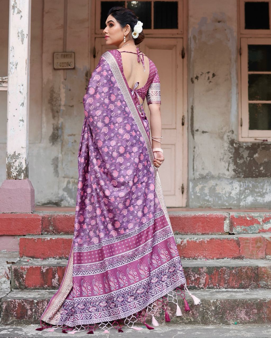 Pure Silk Saree With Digital Print and Blouse in Purple Indian Silk Saree