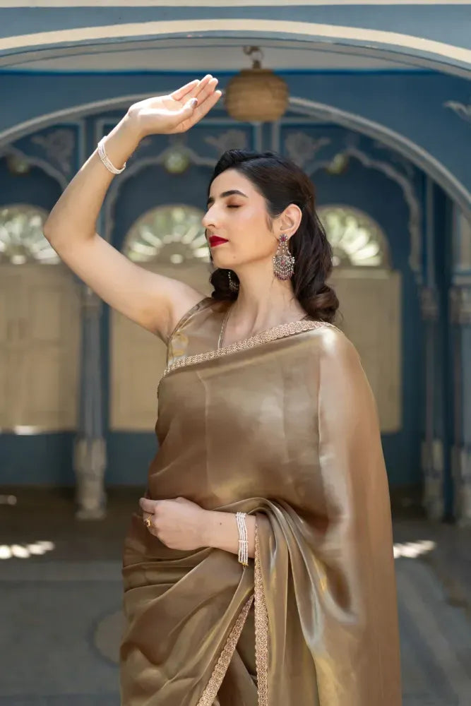 Coffee Saree in Pure Jimmy Silk With Lace Border Party Wear Saree in Coffee
