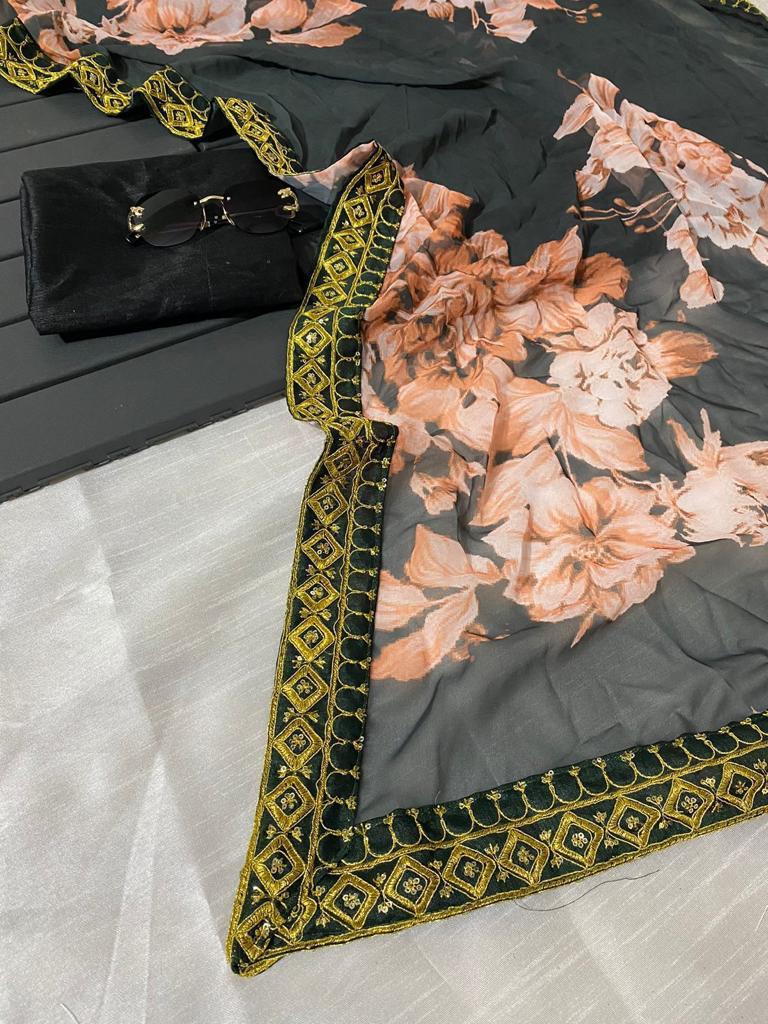 Premium georgette saree
With digital print & multi coding seqeunce lace border on saree