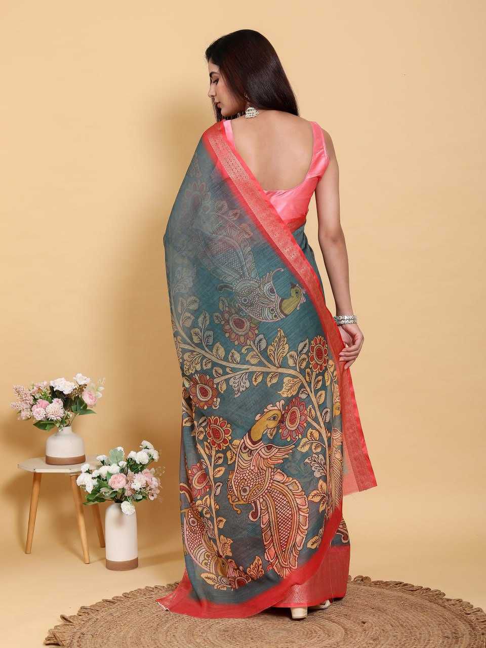 Jacquard Patta Linen Cotton Saree with Peacock & Floral Kalamkari Design and Coral-Red Border