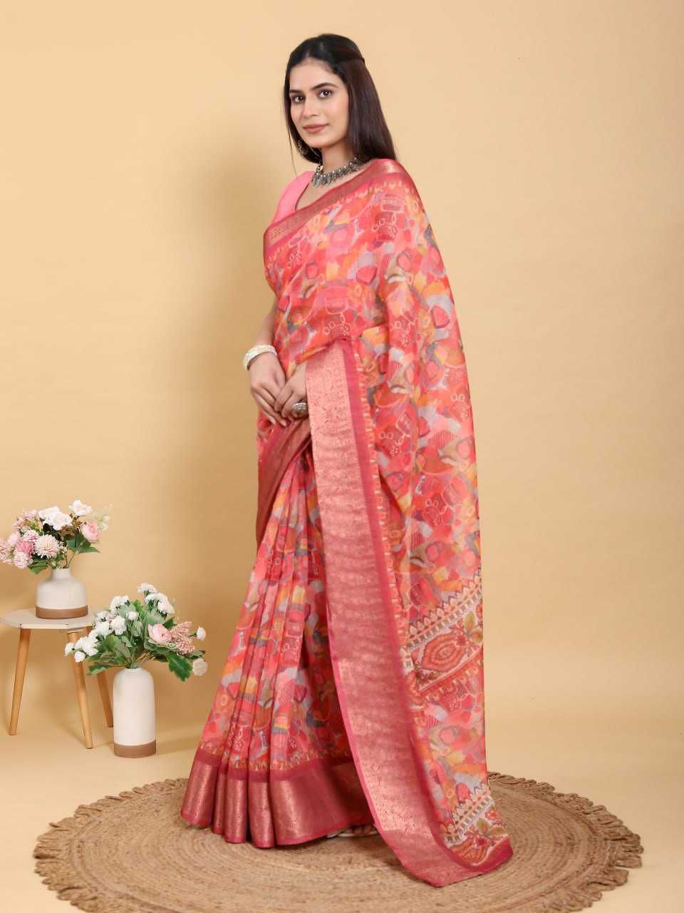 Jacquard Patta Linen Cotton Saree with Artistic Print