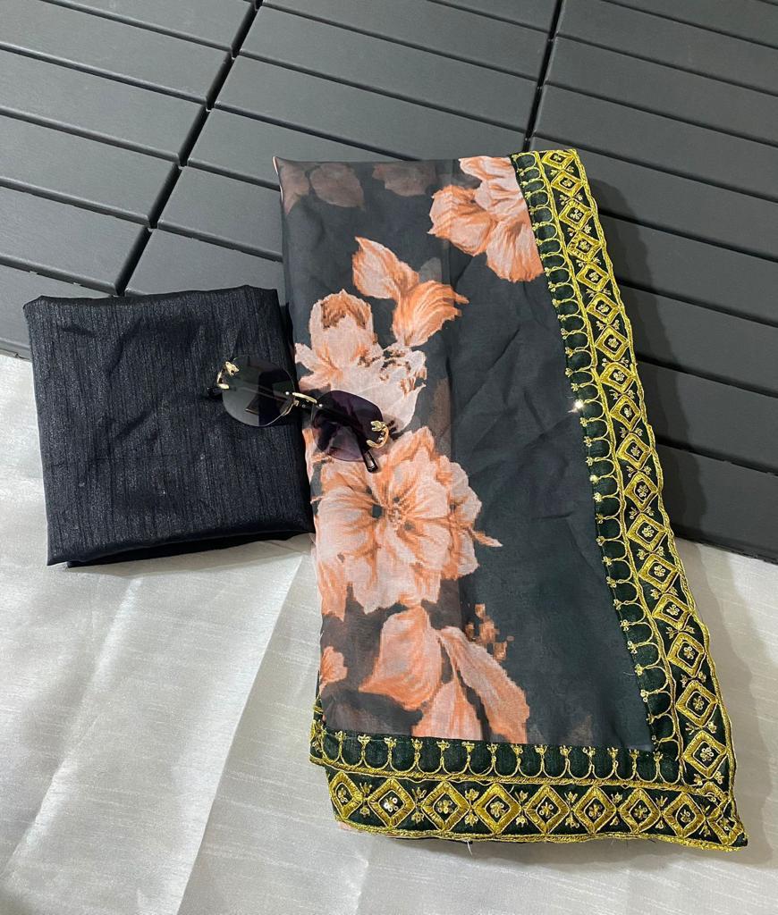 Premium georgette saree
With digital print & multi coding seqeunce lace border on saree