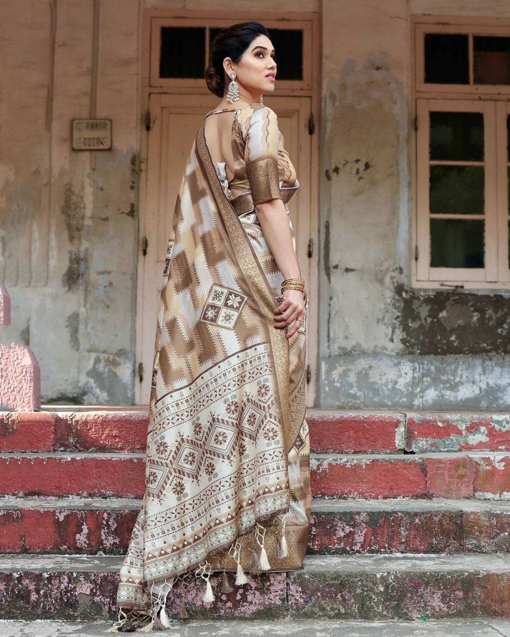 Coffee Digital Print Dolla Silk Party Wear Ethnic Saree With Blouse