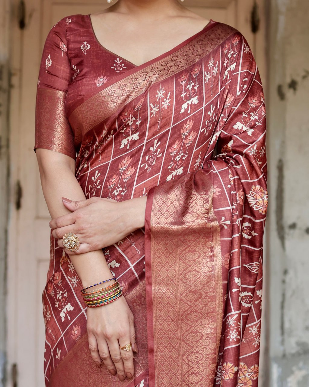 Marron Color Pure Silk Digital Printed Party Wear Saree