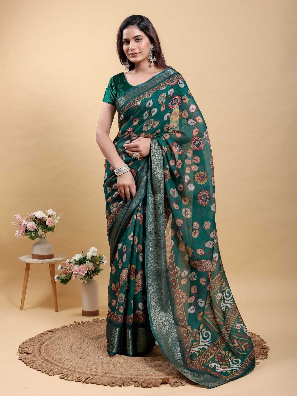 Jacquard Patta Linen Cotton Saree with Floral & Geometric Digital Print and Patola-Inspired Pallu