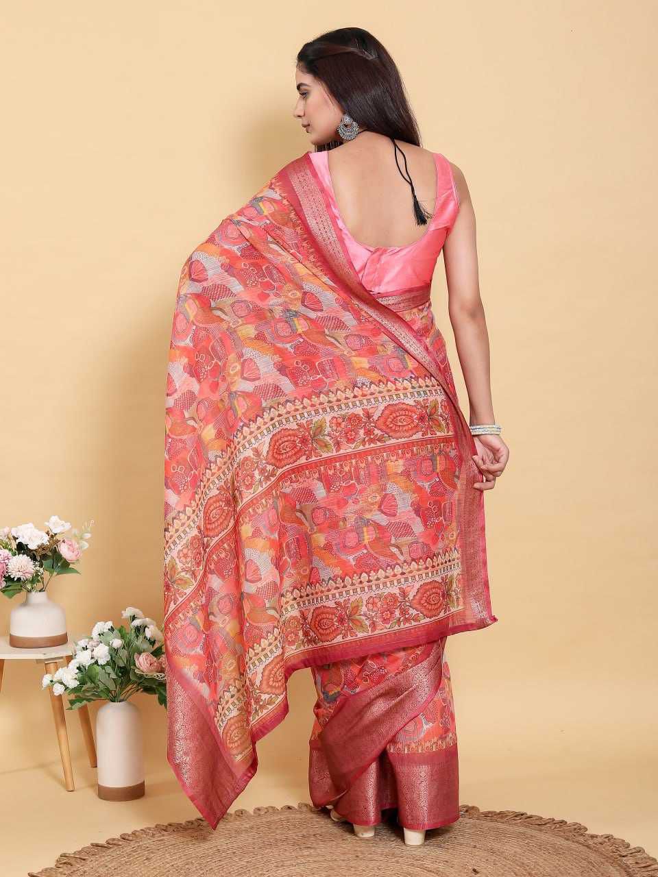 Jacquard Patta Linen Cotton Saree with Artistic Print