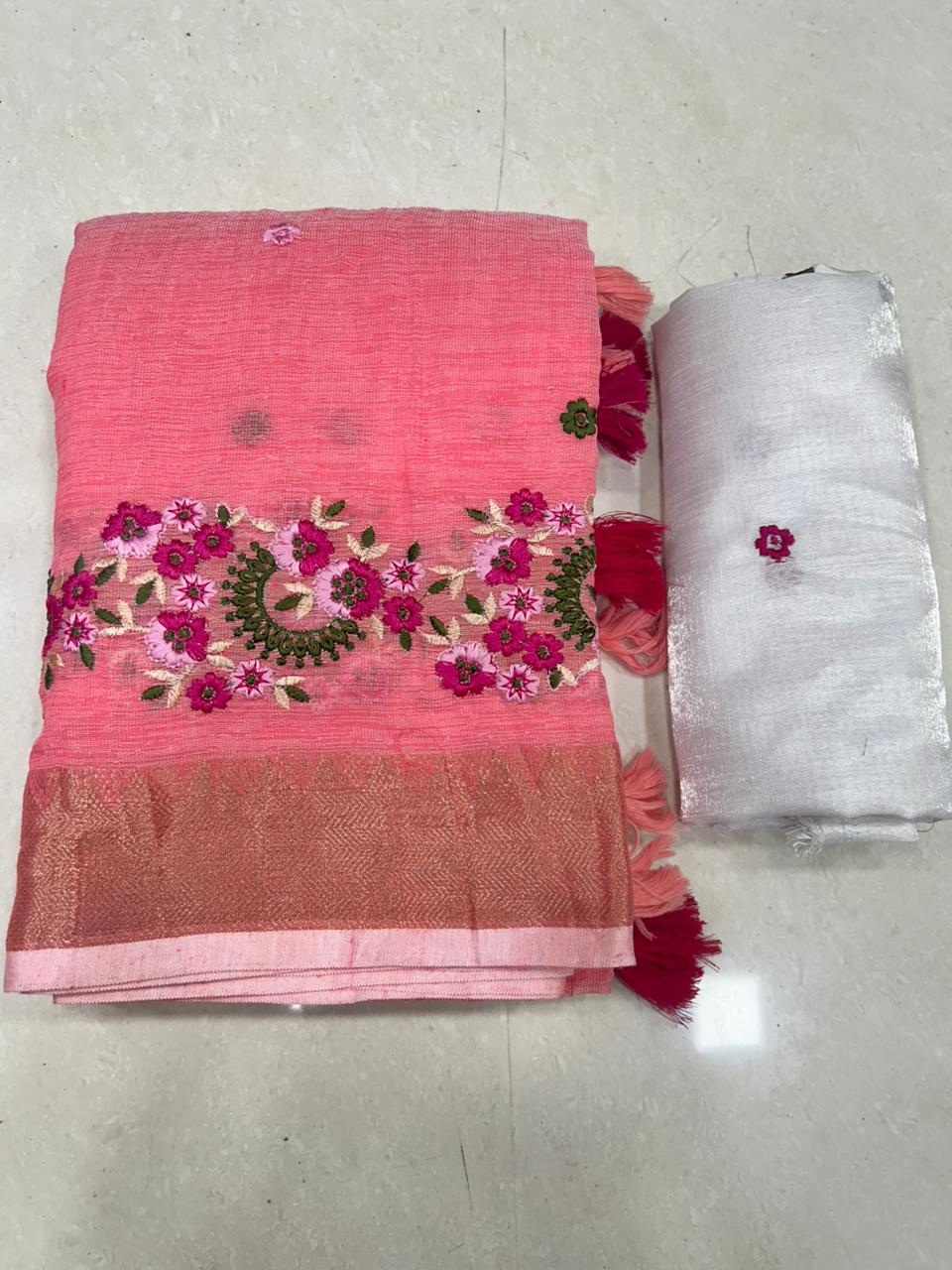 Embroidery Soft Linen Designer Sarees