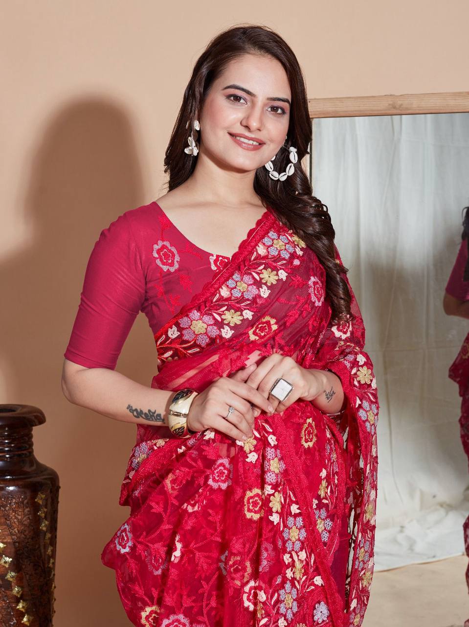 Butterfly Soft Net fabric with Embroider work and Multi work cut border Saree