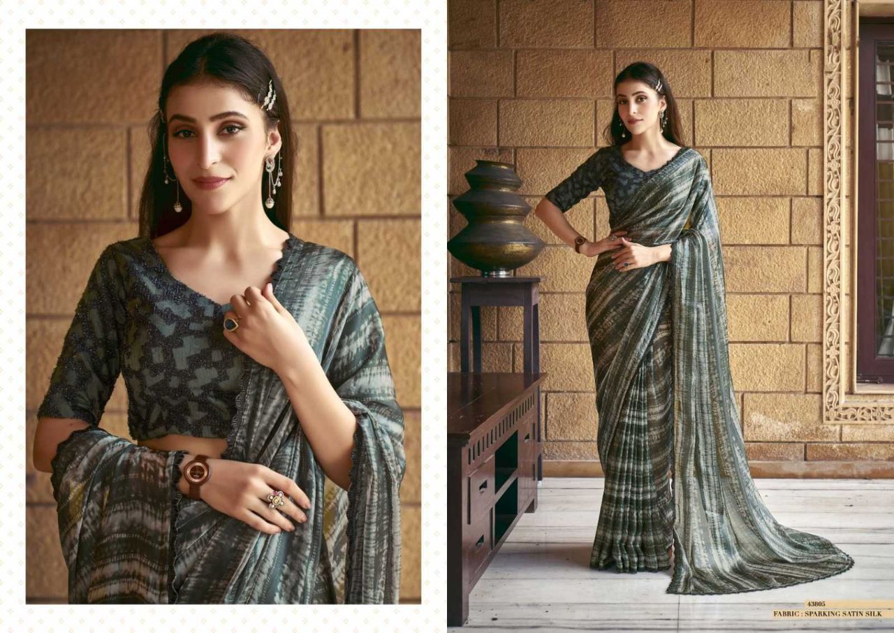 Exquisite Gajji Silk Floral Print Saree with Handwork & Stone Border