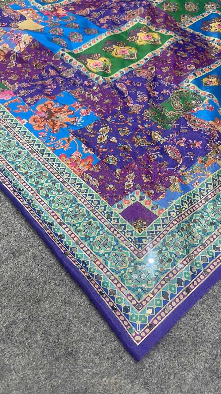 Digital Print Chinon Silk Saree with Real Mirror Work and Matching Blouse