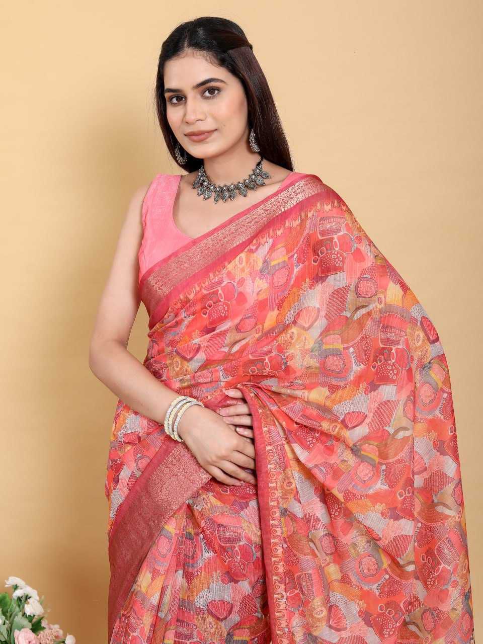 Jacquard Patta Linen Cotton Saree with Artistic Print