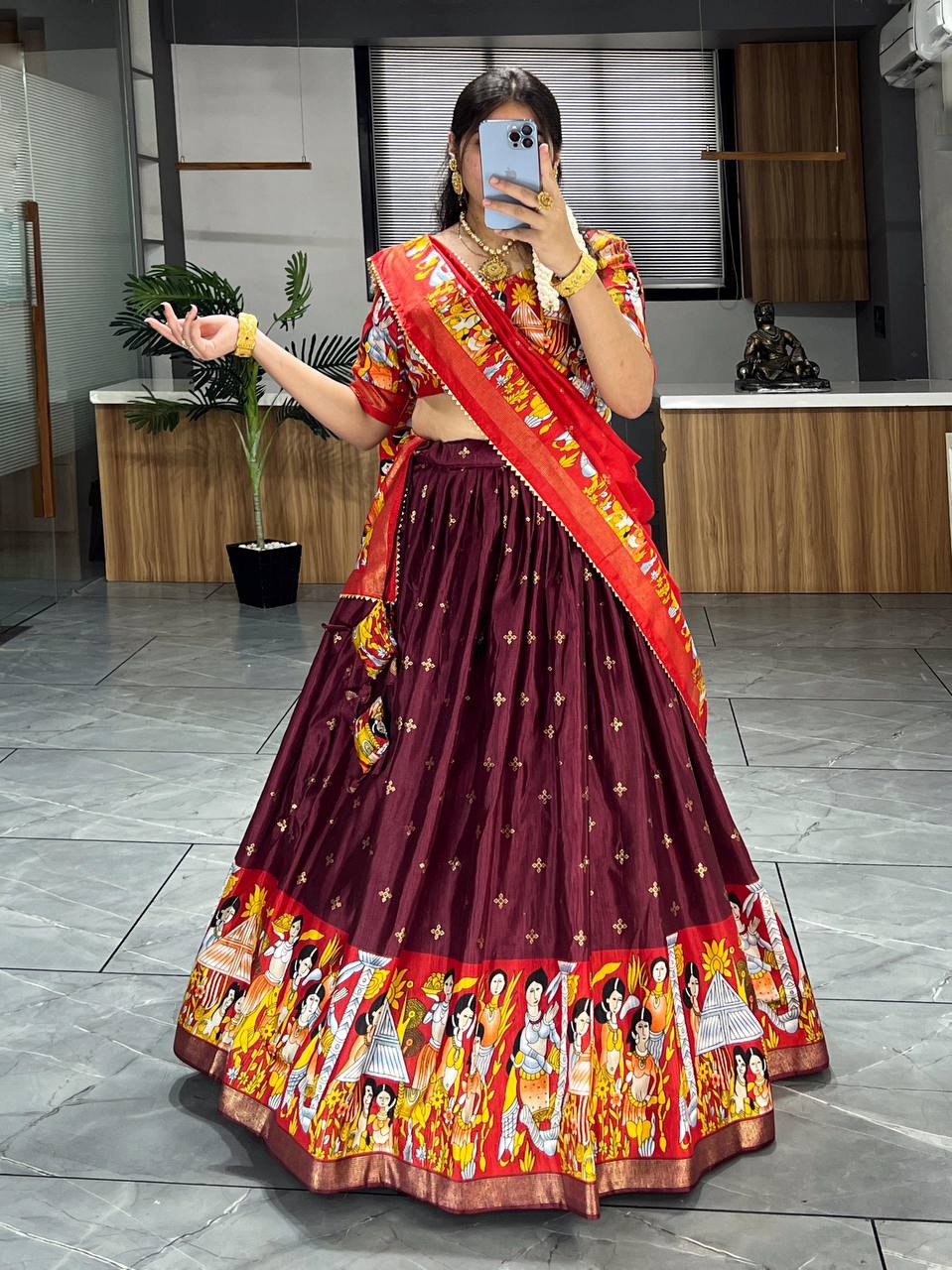 Gorgeous Wine Kalamkari Printed silk Festive Wear Lehenga Choli