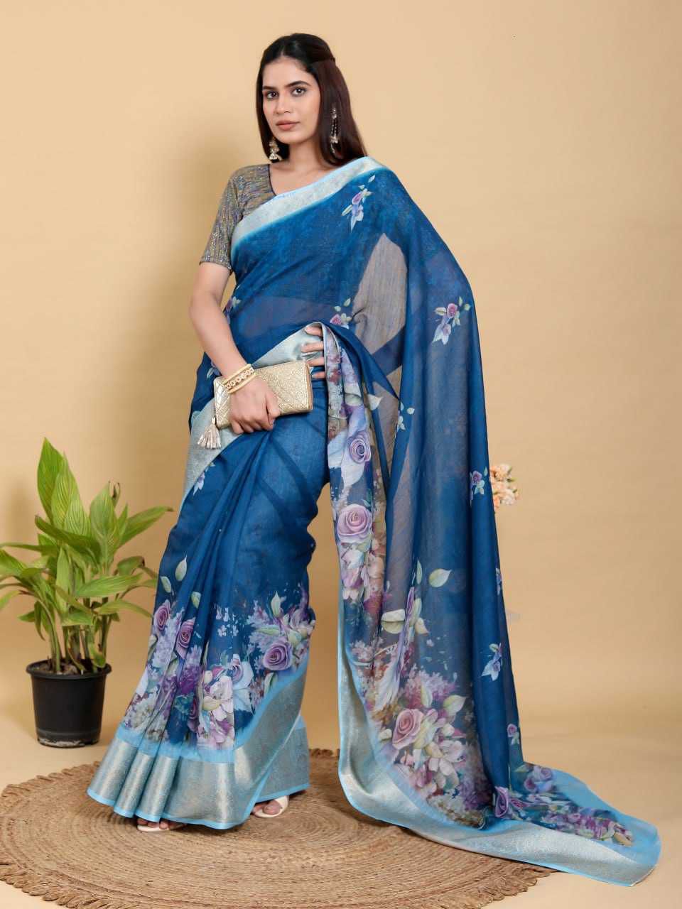 Floral Digital Print Jacquard Patta Linen Cotton Saree with Designer Blouse