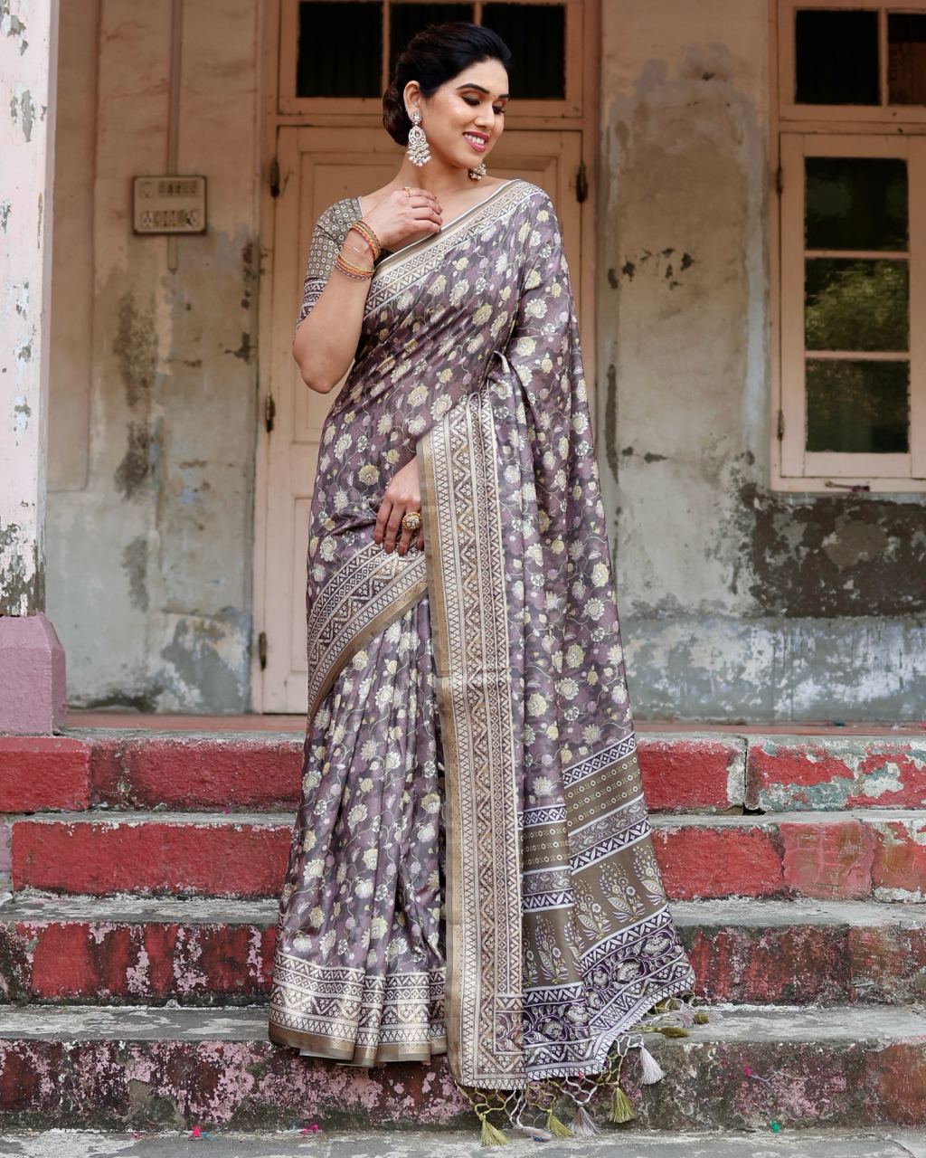 Mauve Taupe Pure Silk Digital Printed Saree
