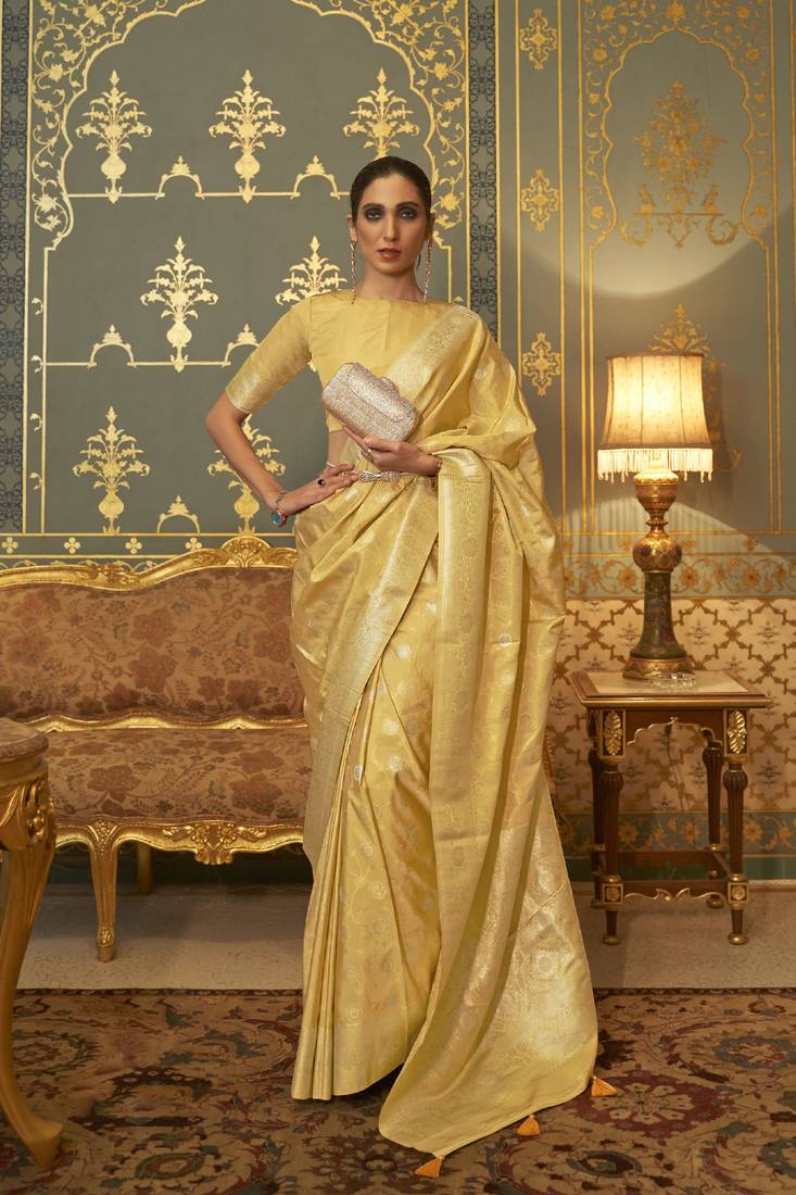 Yellow Woven Satin Saree With Blouse