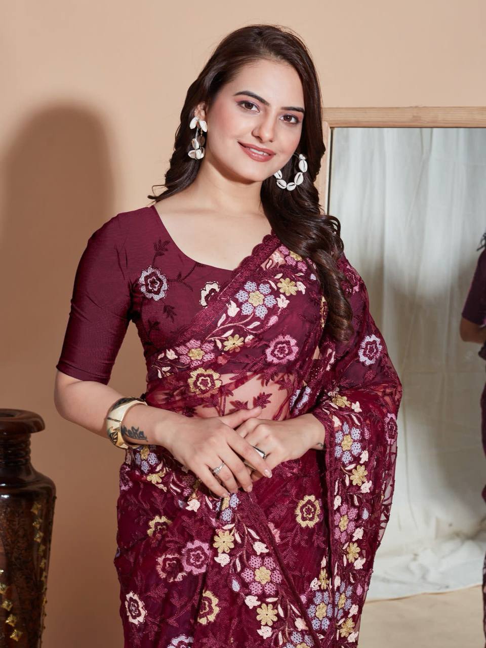Butterfly Soft Net fabric with Embroider work and Multi work cut border Saree