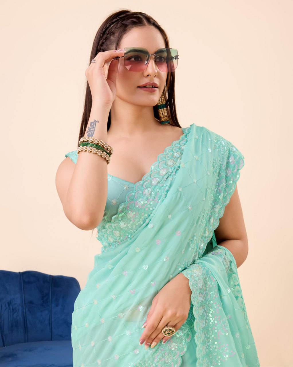 Beautiful Saree for wedding on premium Soft Taby Silk Organza fabric with C-pallu All Over Embroidery Work