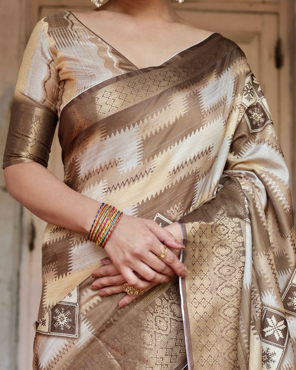 Coffee Digital Print Dolla Silk Party Wear Ethnic Saree With Blouse