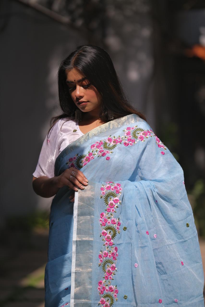 Embroidery Soft Linen Designer Sarees