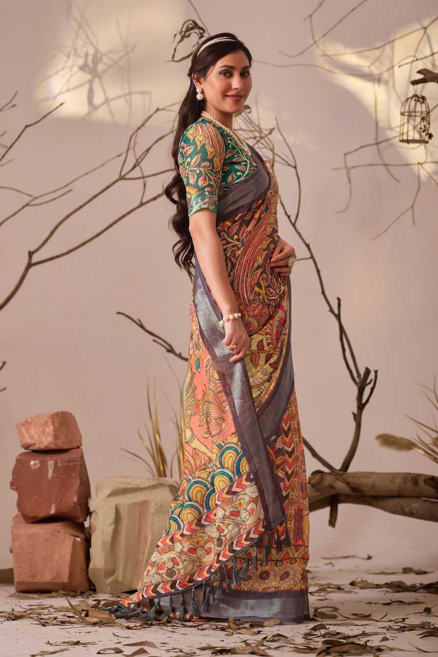 Premium Linen Cotton Saree with Digital Floral & Royal Ethnic Print and Patola Style Border