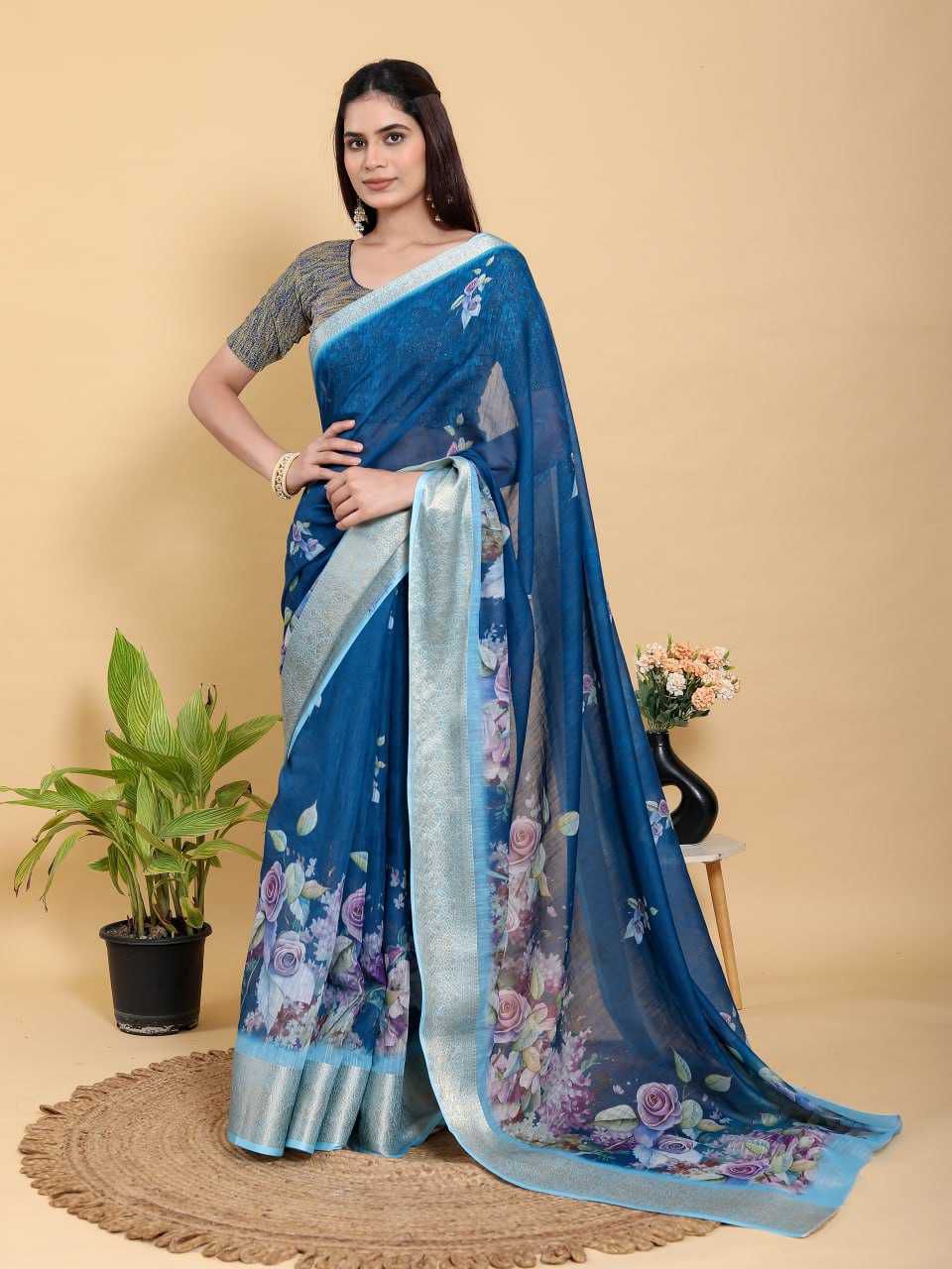 Floral Digital Print Jacquard Patta Linen Cotton Saree with Designer Blouse