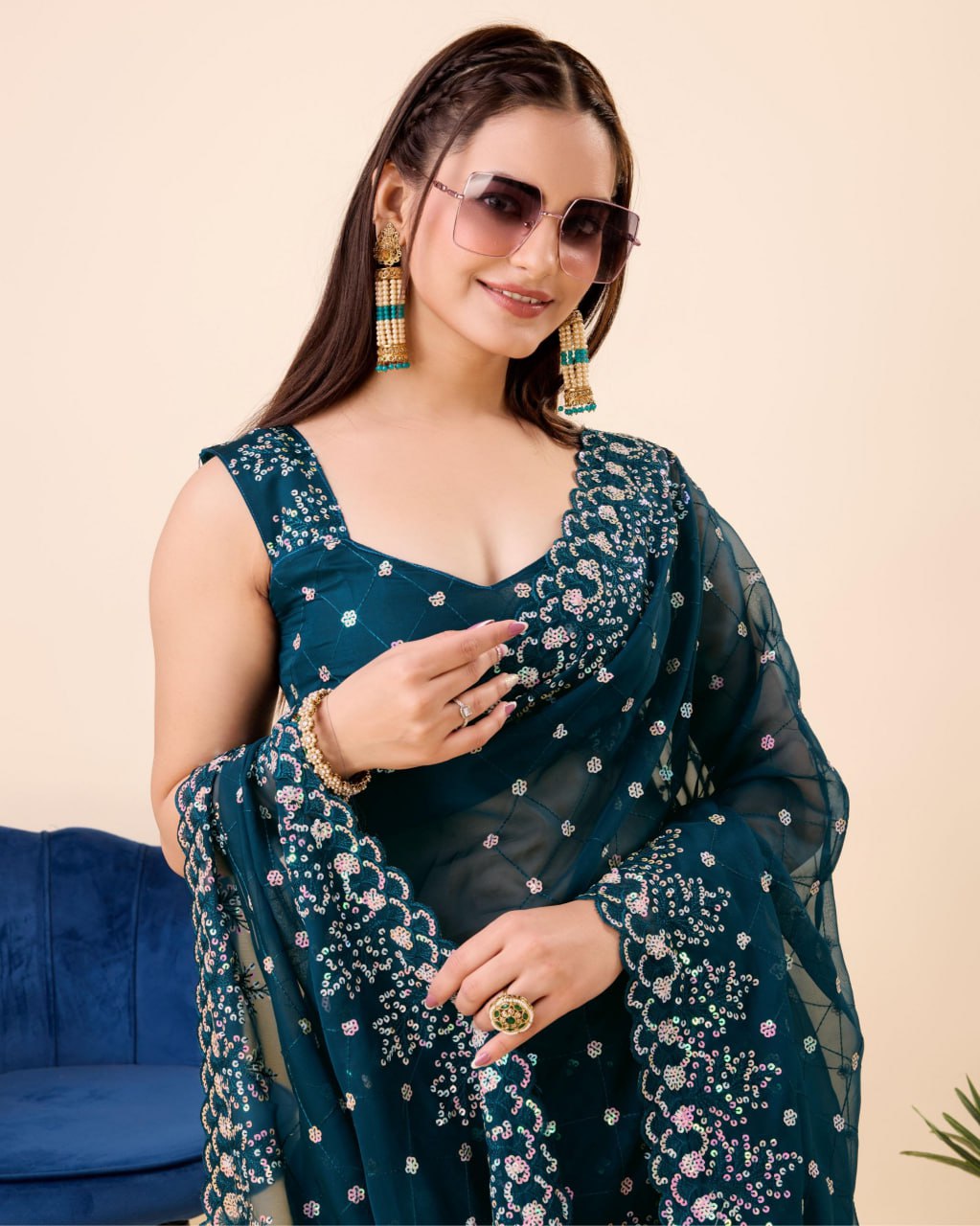 Beautiful Saree for wedding on premium Soft Taby Silk Organza fabric with C-pallu All Over Embroidery Work